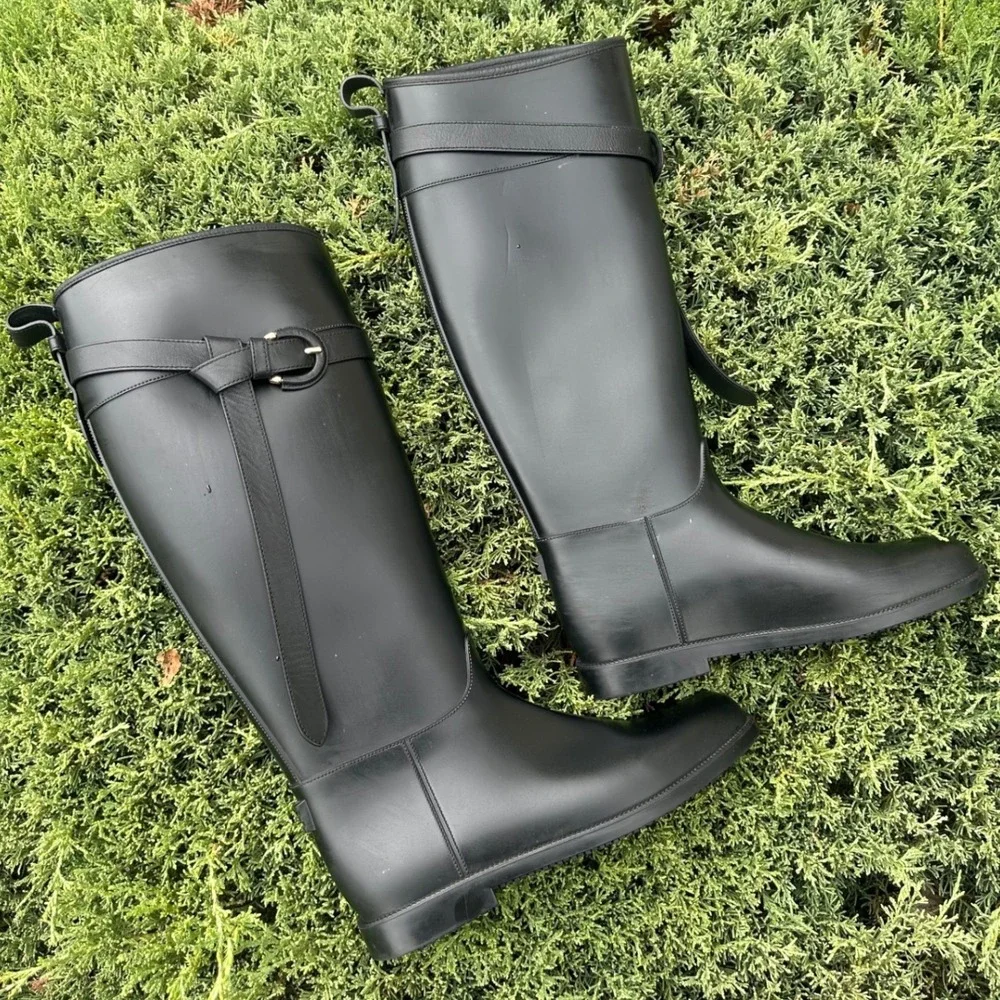 Burberry Black Rubber Rain‎ Boots Check Lined Buckle Strap Riding Boots Size 40